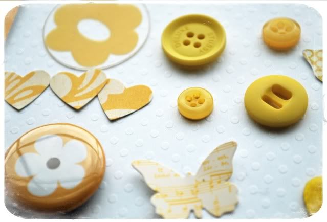 yellow buttons hearts and butterflies