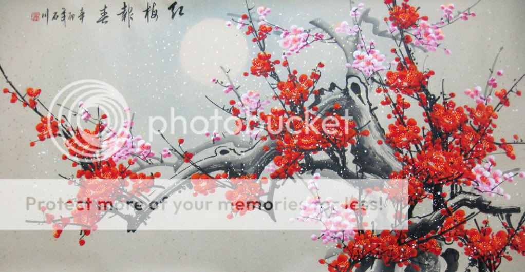 ORIENTAL ASIAN ART CHINESE PAINTING RED PLUM BLOSSOMING  